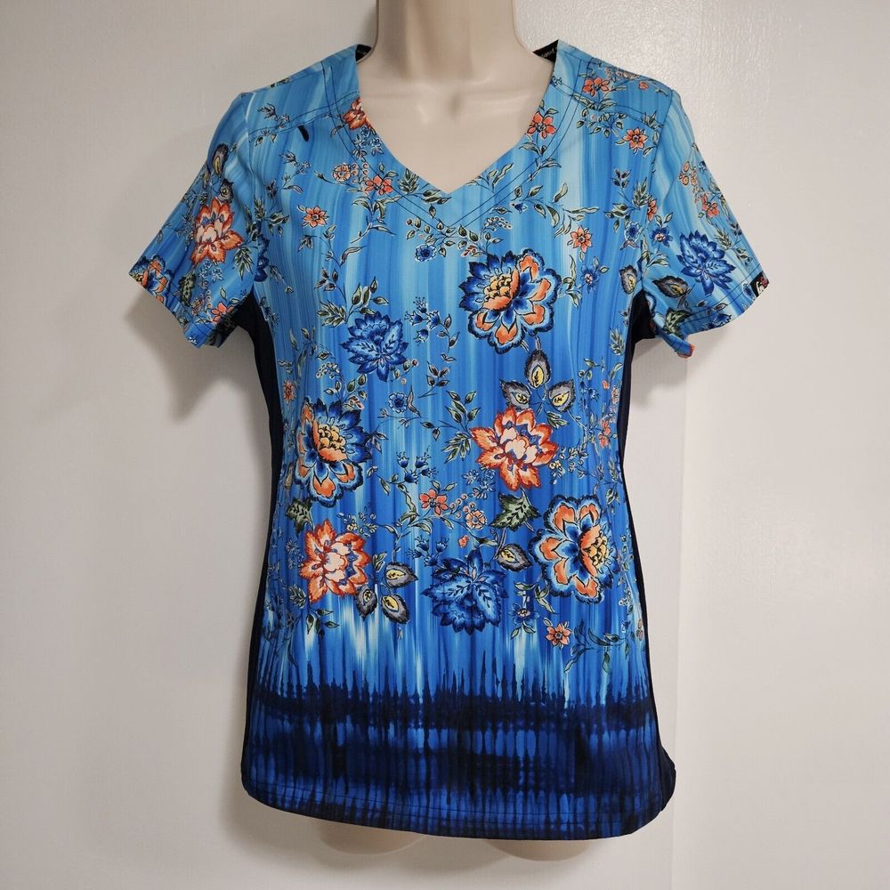Koi Lite Scrub Size XXS Blue Floral V-neck  Stretch Scrub Top Side Stretch Panel